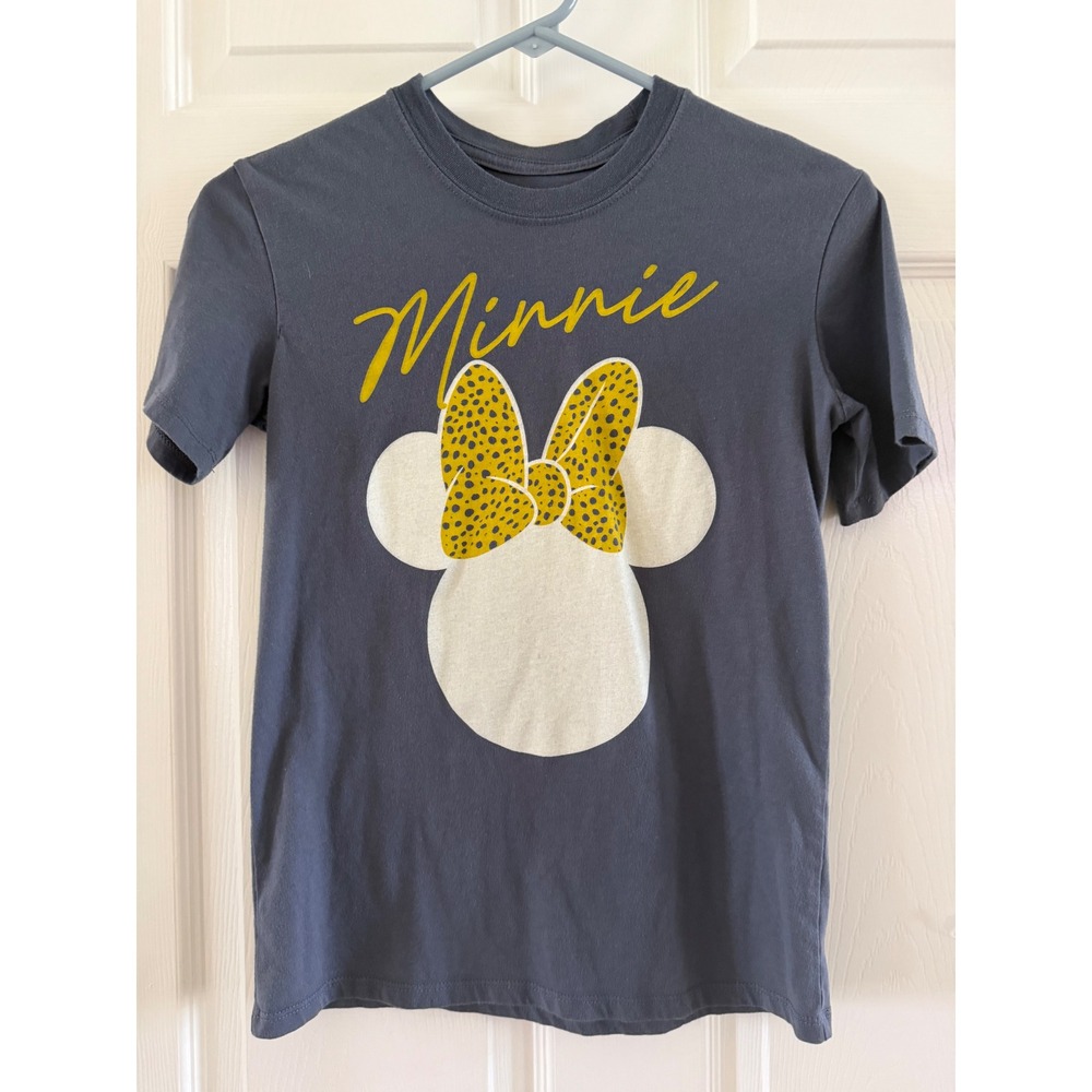 Disney Minnie Mouse Graphic T-Shirt Gray Short Sleeve Leopard Print Bow XS